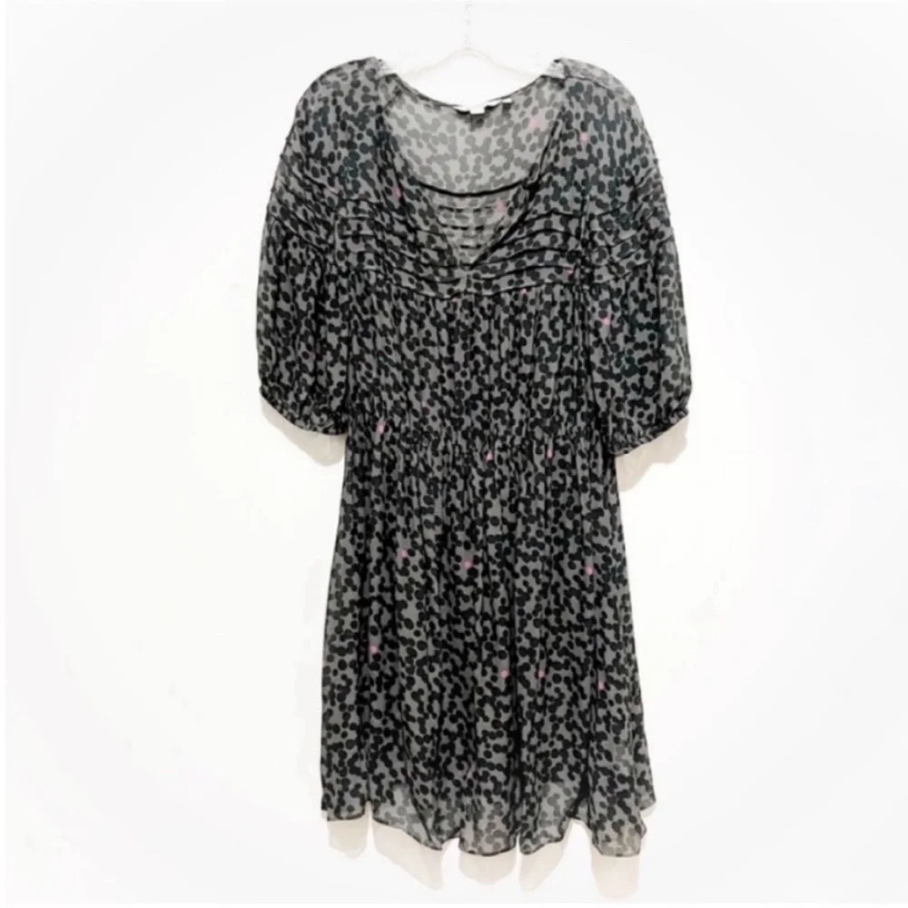 Boden abstract print dress gray black dots viscose pleated flowy puff sleeves - Picture 1 of 10